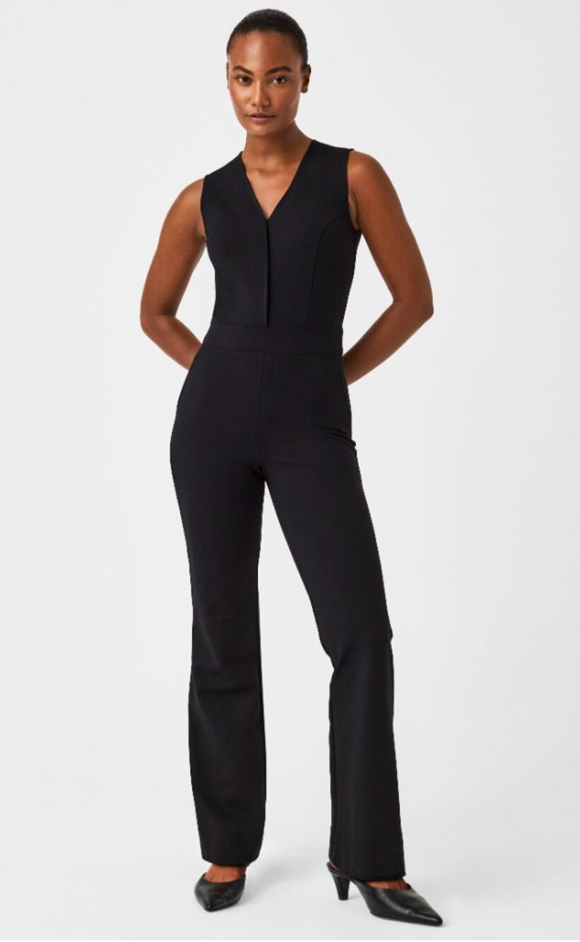 Spanx The Perfect Jumpsuit Flared Sleeveless V Neck Jumpsuit in Black sz. LP